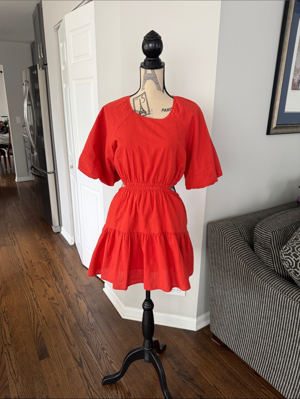 Madewell Seersucker Puff-Sleeve Cutout Mini Dress | Petite Medium (PM)